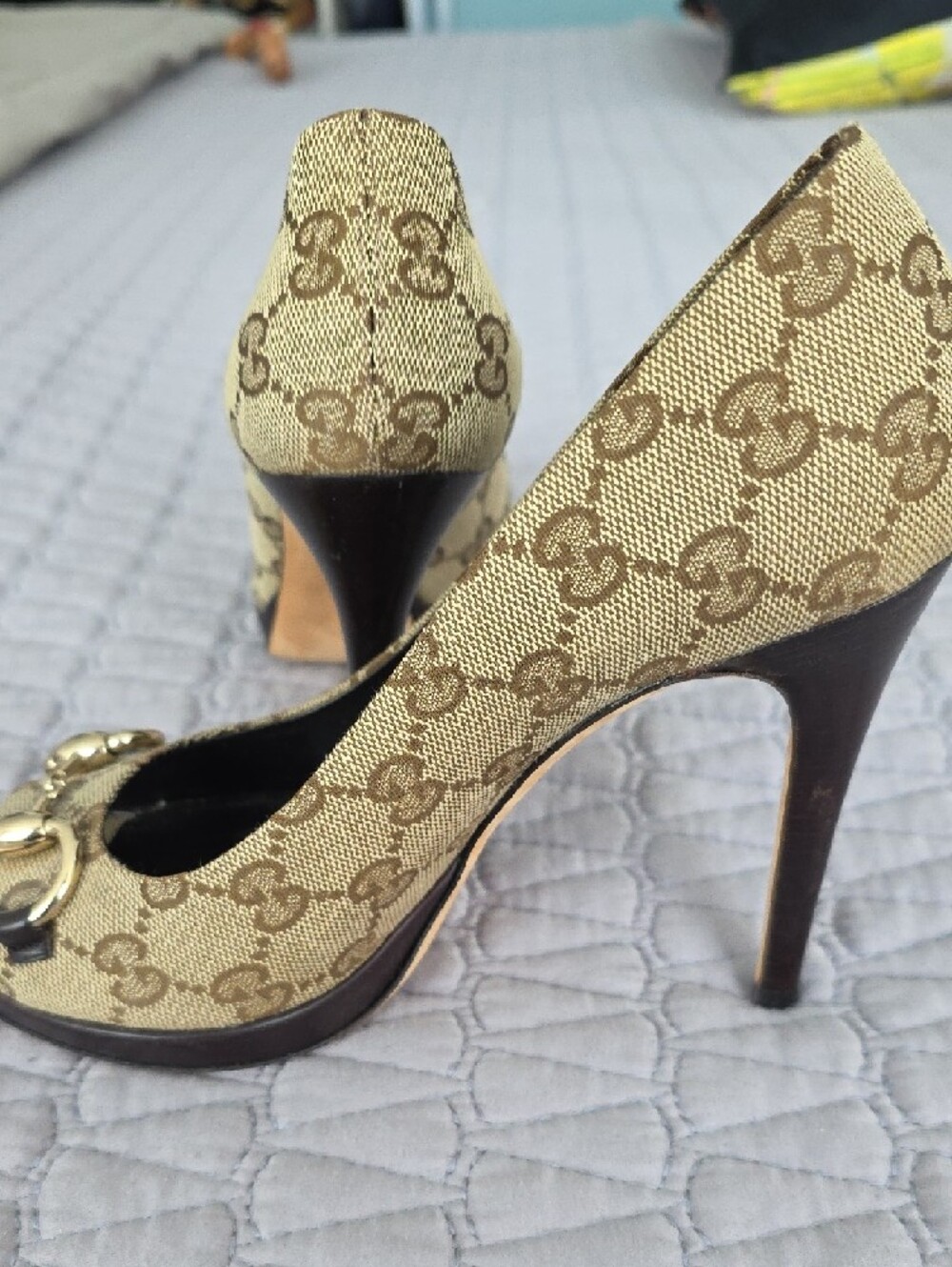 Gucci Brown GG Canvas Peep-Toe Heels with Gold Horsebit - Picture 6 of 12